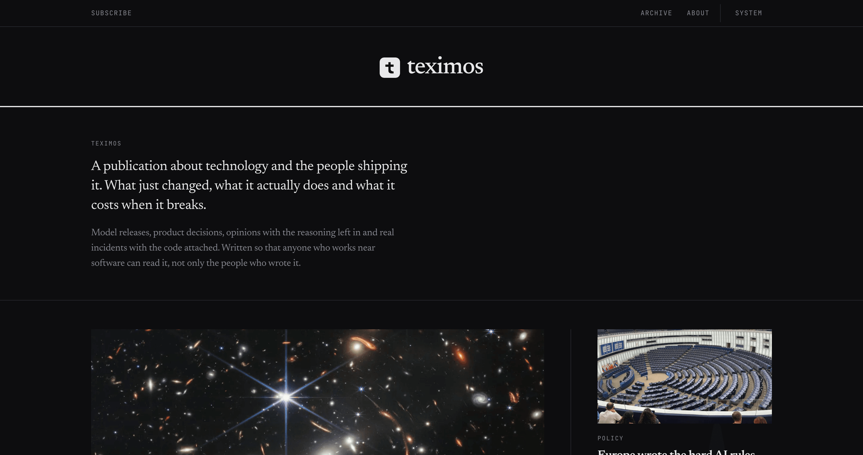The teximos home page, near black and strictly monochrome, set in a text serif, with a deep field telescope image leading the archive.